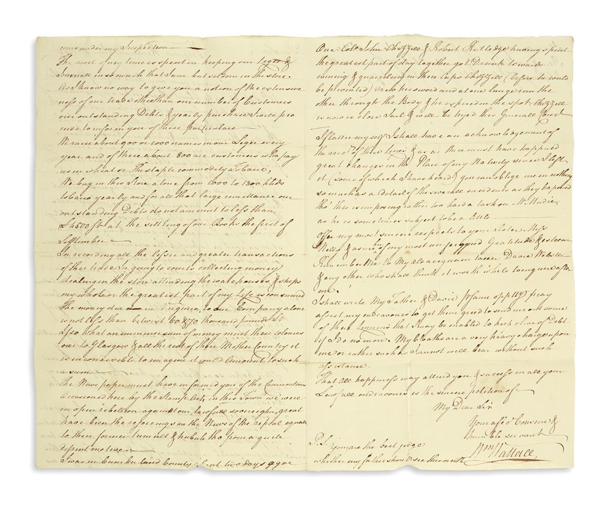 (AMERICAN REVOLUTION--PRELUDE.) Wallace, William. Letter discussing Stamp Act disturbances in Virginia.
